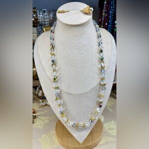 Elegant 22” filigree Gold Clear Glass & colored AB Beaded Necklace